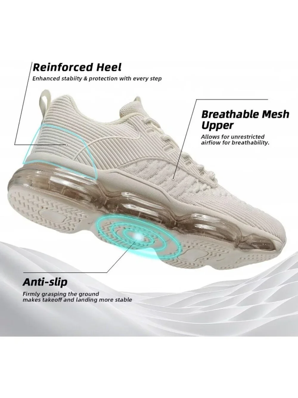 Women's Beige Walking Air Cushion Breathable Mesh Casual Athletic Sneaker Shoes